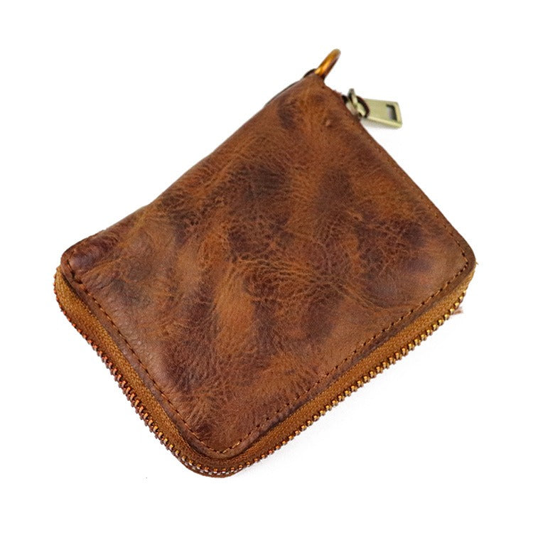 Zipper Folding Vegetable Tanned Leather Wallet