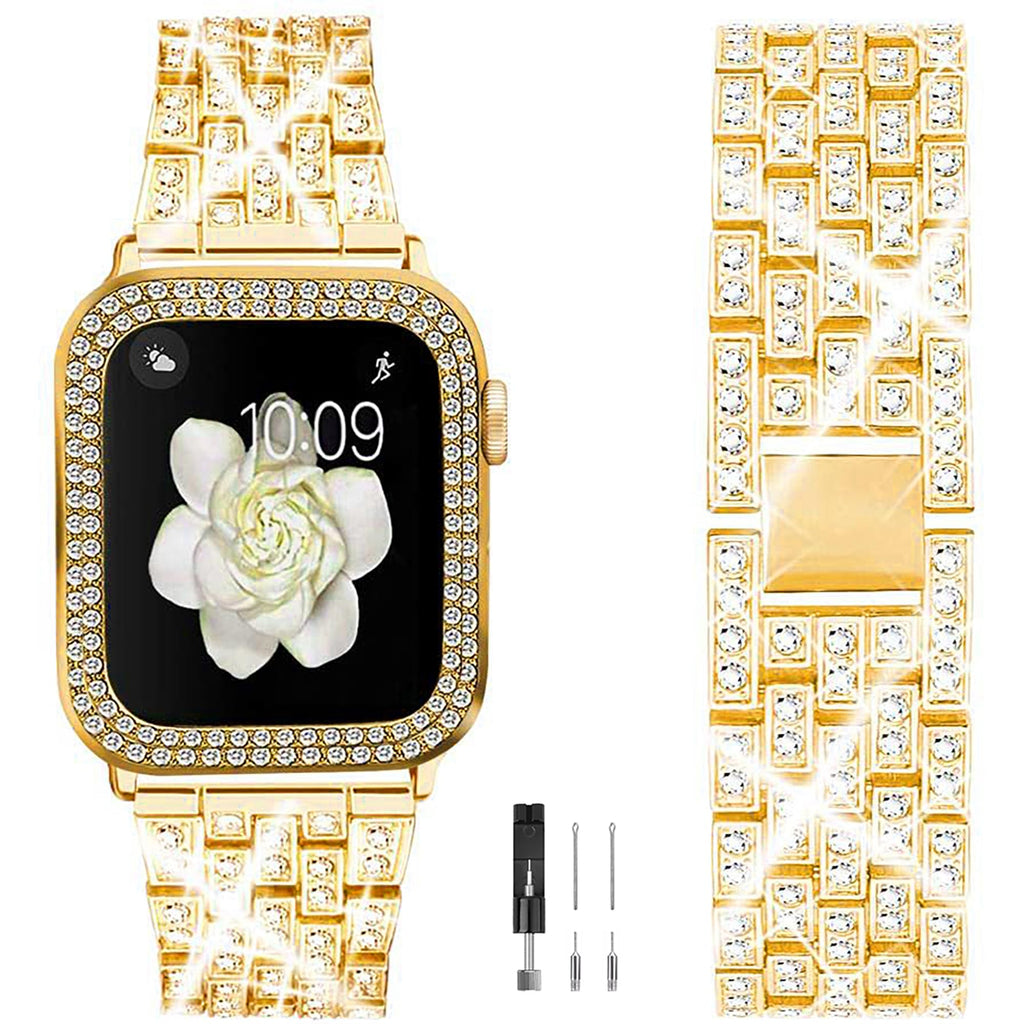 XFEN Metal with Diamond Band and Bumper Case Without Screen Protector Compatible with Apple Watch Series 9 Series 8 Series 7 45mm - Gold