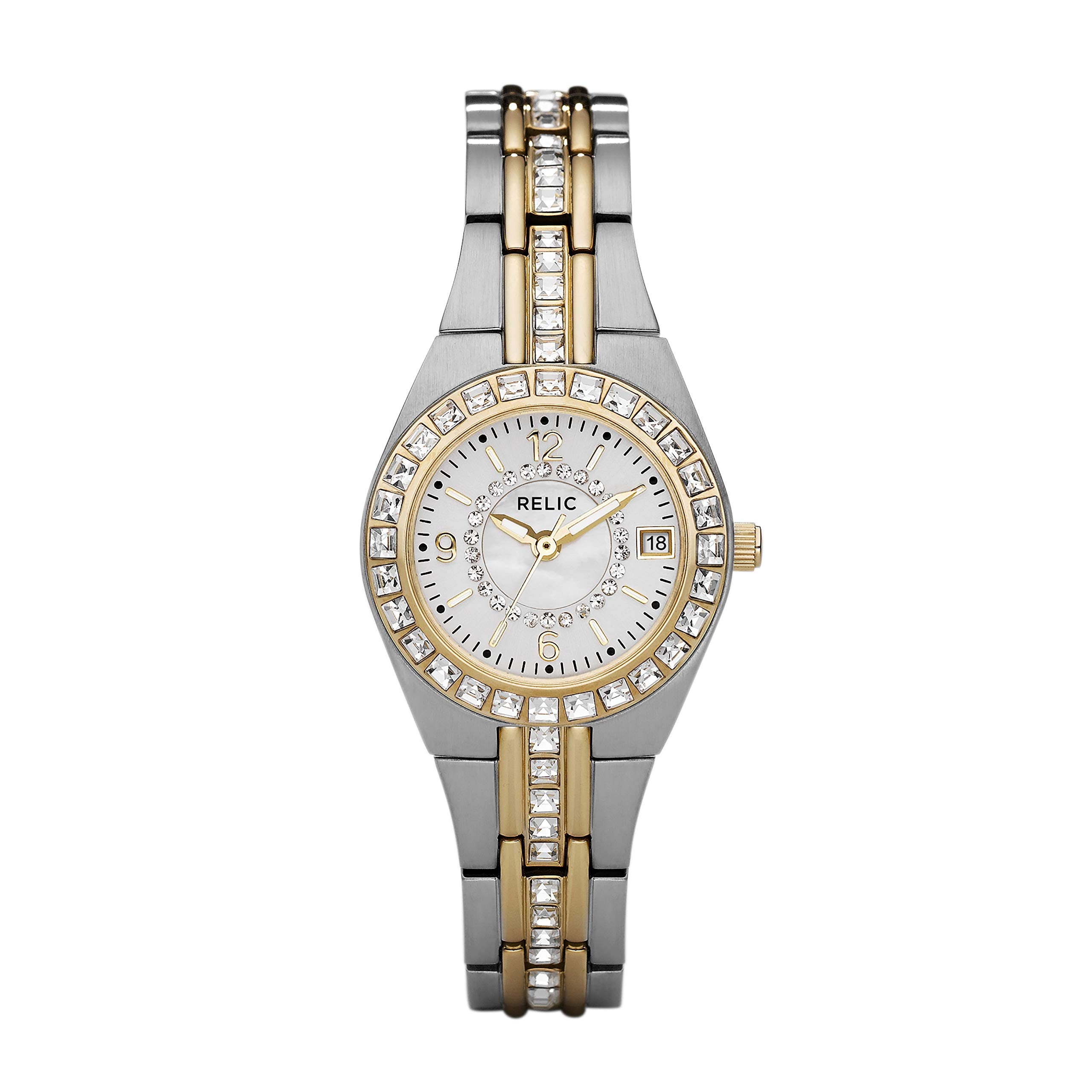 Relic by Fossil Womens Queens Court Three-Hand Date Silver and Gold Two-Tone Stainless Steel Bracelet Dress Watch (Model: ZR11775)