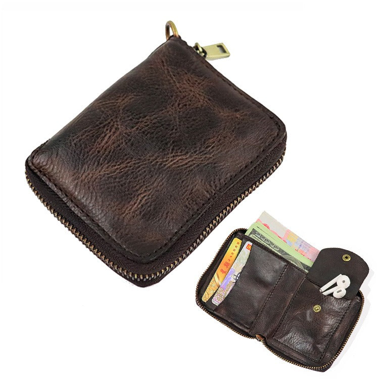 Zipper Folding Vegetable Tanned Leather Wallet