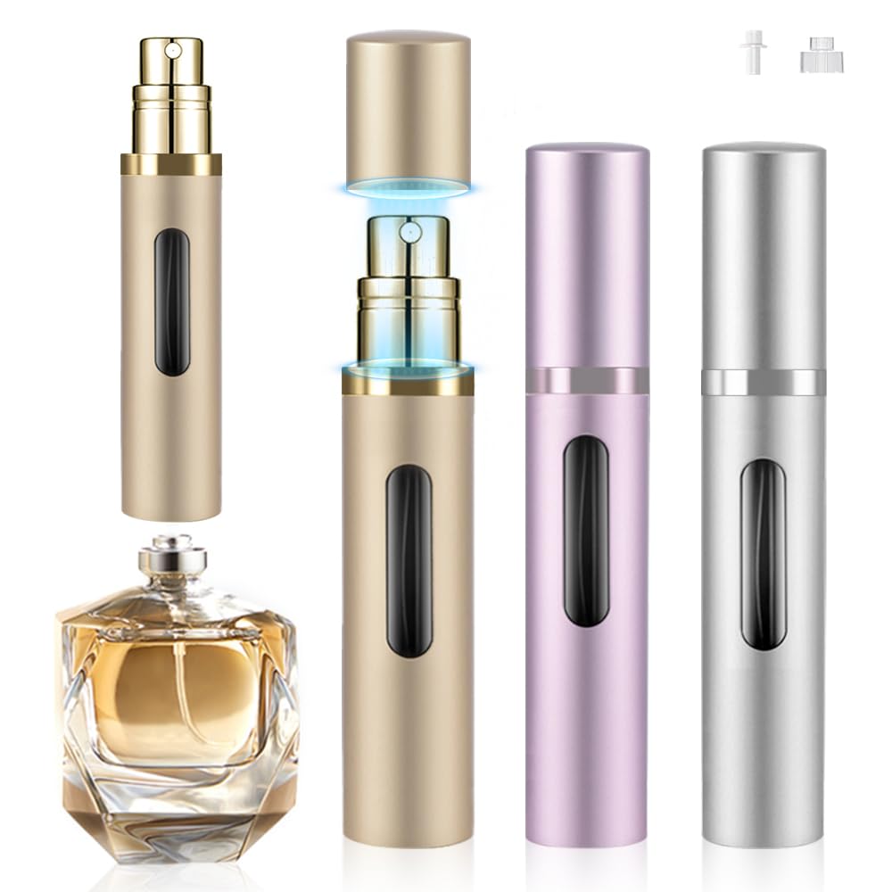 DIOHIO 8ml Perfume Atomizer Travel RefillableMini Cologne Dispenser Bottom-Filling Fragrances Perfumes BottlePortable Sprayer Pocket Size for Women Men Cruise Car Trip Gift 3pcs (Gold-Pink-Silver)
