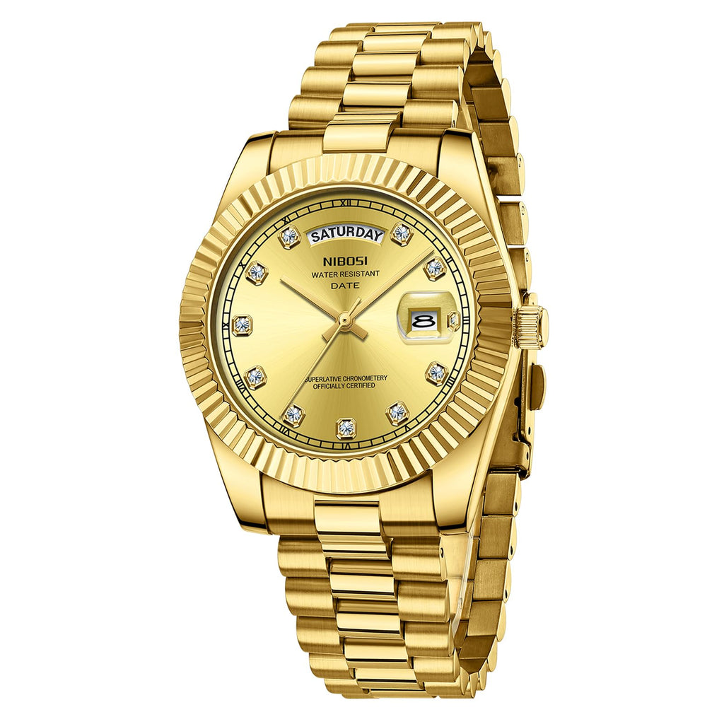 NIBOSI Men Watches Analog Quartz Stainless Steel Watches for Men Waterproof Business Classic Desiger Wrist Watch Day & Date (B03-All Gold)