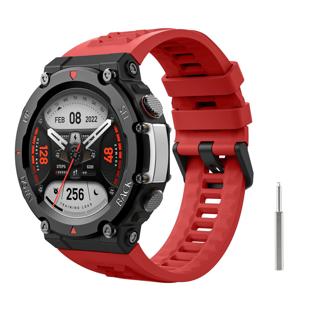 MoKo Watch Band Compatible with Amazfit T-Rex 2 Outdoor GPS Smartwatch Soft Silicone Replacement Strap Sport Wristband with a Metal Screwdriver Red
