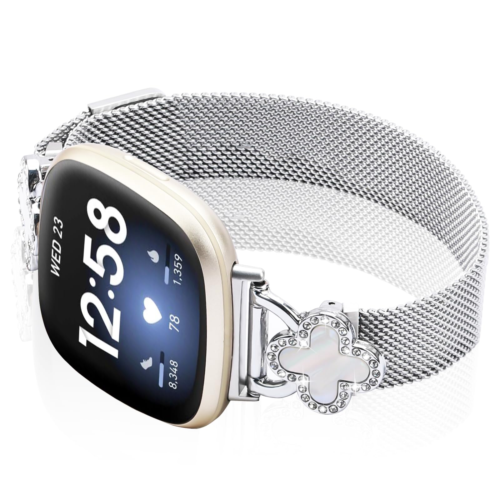 Band Compatible with Fitbit Sense/Sense 2 Versa 3/Versa 4 for Women Stainless Steel Magnetic Strap Adjustable Four Leaf Clover Watch Bands.