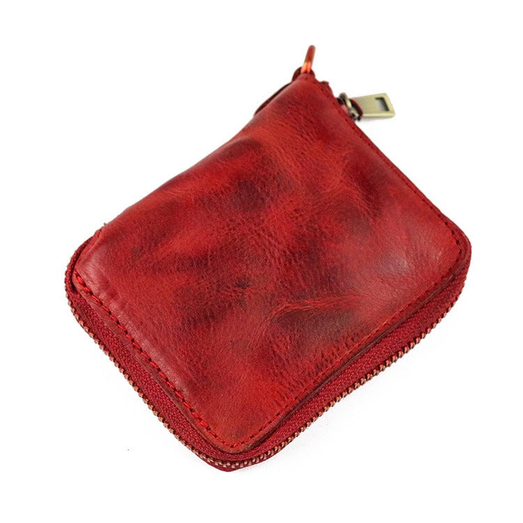 Zipper Folding Vegetable Tanned Leather Wallet