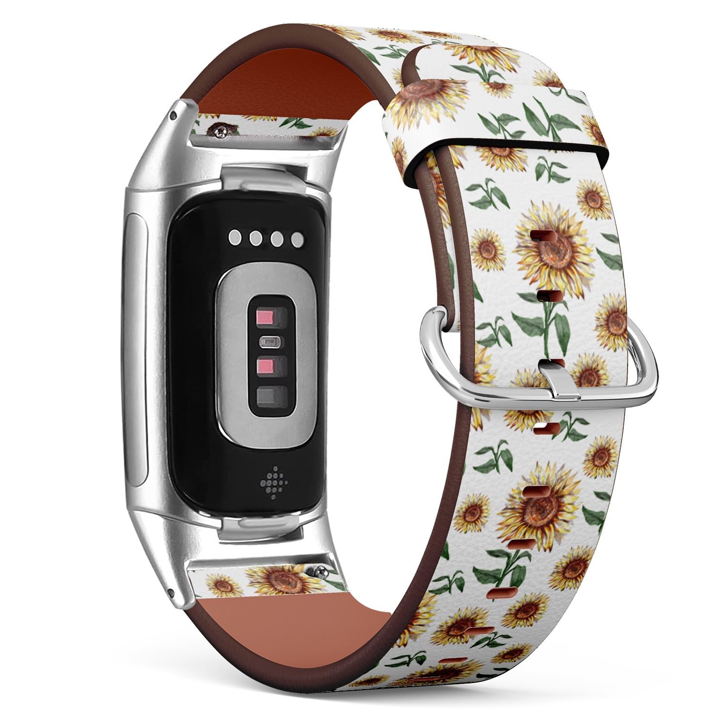 Compatible with Fitbit Charge 5 / Fitbit Charge 6 Replacement Leather Watch Band (Sunflowers Digital Realism Vintage) Smartwatch Strap Bracelet Wristband for Women Men