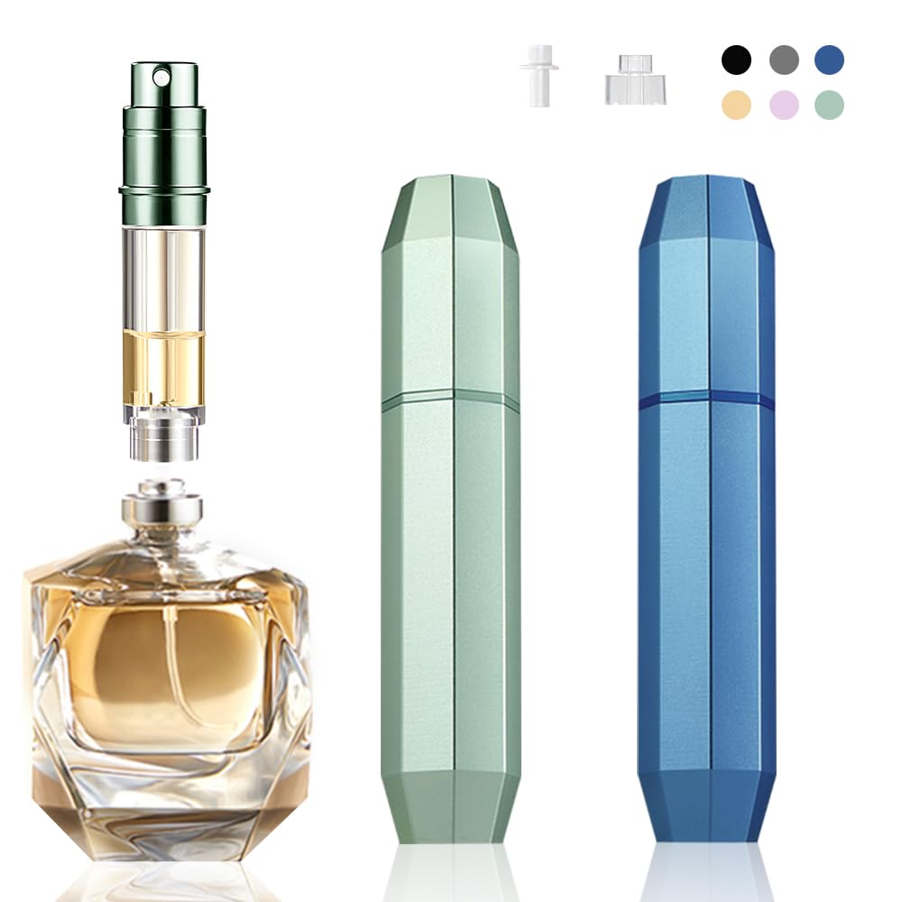 DIOHIO 5ml Perfume Atomizer Travel RefillableMini Cologne Dispenser Bottom-Filling Fragrances Perfumes BottlePortable Sprayer Pocket Size for Women Men Cruise Car Trip Gift 2pcs (Green-Blue)
