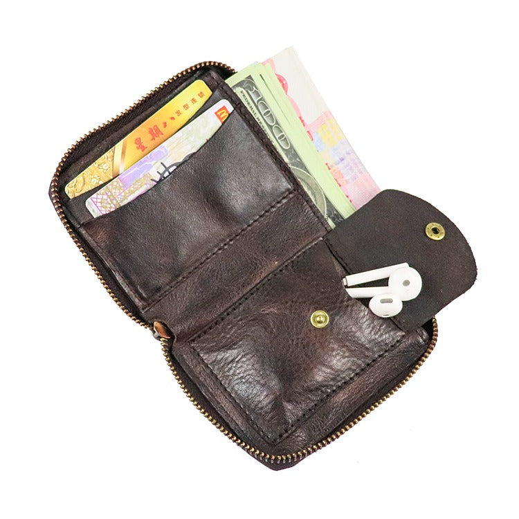 Zipper Folding Vegetable Tanned Leather Wallet