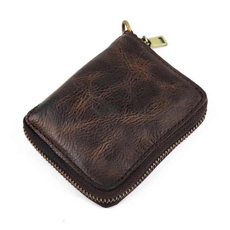 Zipper Folding Vegetable Tanned Leather Wallet
