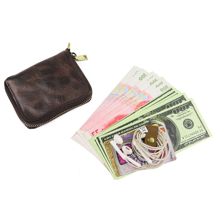 Zipper Folding Vegetable Tanned Leather Wallet